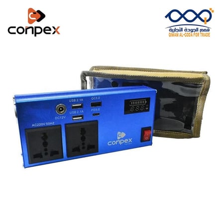 محول كهرباء 200 واط مرفق مع بطارية منافذ USB وفيش ثلاثي.