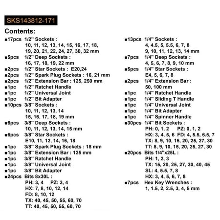 طقم حبوب تايواني (1/2 + 1/4 + 3/8 ) 171 قطعة TOWER