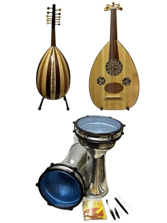 بكج عود جميل جورج مع مروان هدية وطقم أوتار كرستال و٤ ريش فاخره وشنطه