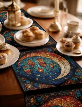 جريدة مائدة برسومات رمضانية مقاس 33 سم × 183 سم+ 2 قطعة غطاء وسادة برسومات رمضانيةمقاس 45 سم × 45 سم