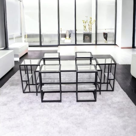 طقم طاولات قهوة زجاج & خشب رمادي - 7 قطع