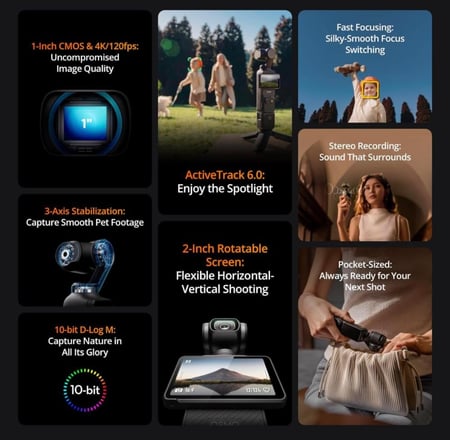DJI Osmo Pocket 3, Vlogging Camera with 1'' CMOS & 4K/120fps Video, 3-Axis Stabilization, Fast Focusing, Face/Object Tracking, 2" Rotatable Touchscreen, Small Video Camera for Photography, Youtube