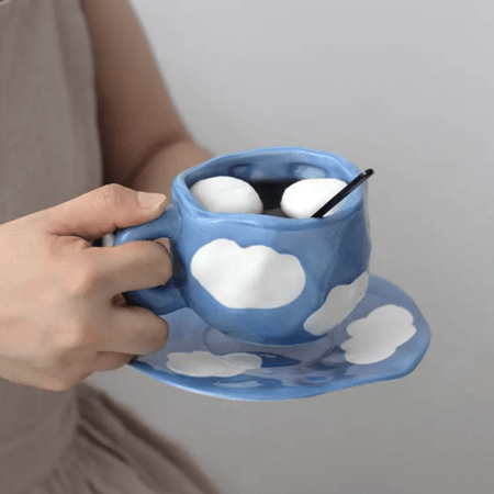 كوب يدوي ازرق مع صحن بسعة 285 مل