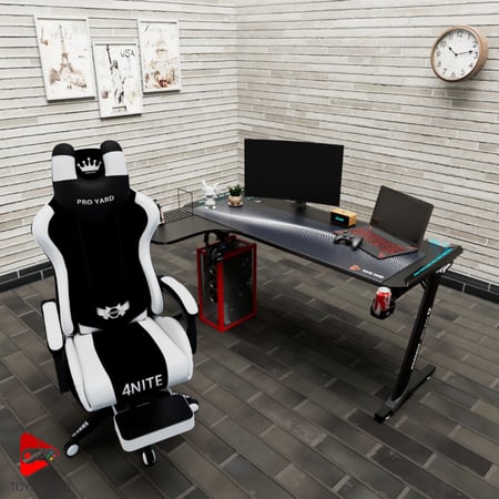 كرسي العاب قيمنق أبيض مع طاولة العاب زاوية لون أسود