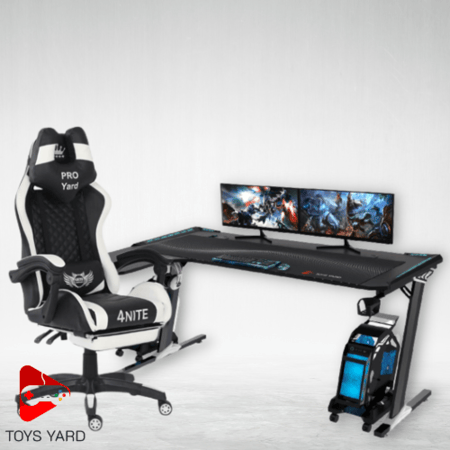 كرسي العاب قيمنق أبيض مع طاولة العاب زاوية لون أسود
