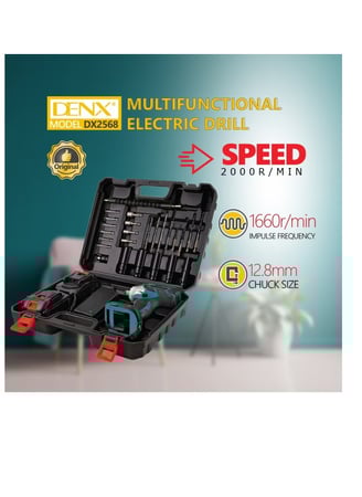 دريل دينكس dx2568 لاسلكي بسرعة 2000R /MIN مزود ببطاريتين 21 V وشنطة ملحقات متكاملة للتخريم وربط براغي اطارات السيارة ، واستخدامات عديدة | 1660r / min | 12 .8 mm | dx 2568