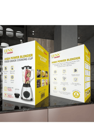 خلاط كهربائي عالي القدرة من DENX DX2001 – قوة 2800 واط، كأس زجاجي مقاوم للخدش بسعة 1.5 لتر، شفرات ستانلس ستيل قوية لتكسير الثلج وطحن القهوة والبهارات، 5 مستويات سرعة مع حماية حرارية، تصميم أنيق متعدد الوظائف وصديق للبيئة