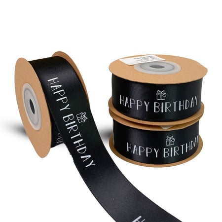 شرائط ساتان بعبارة "HAPPY BIRTHDAY" اللون اسود