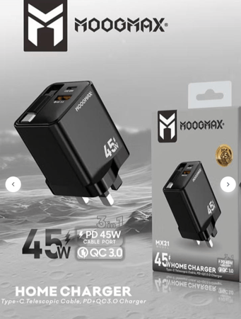 MOOGMAX فيش جداري - موج ماكس بقوة 45 واط مدمج بكيبل تايب سي أسود = 6973752299678