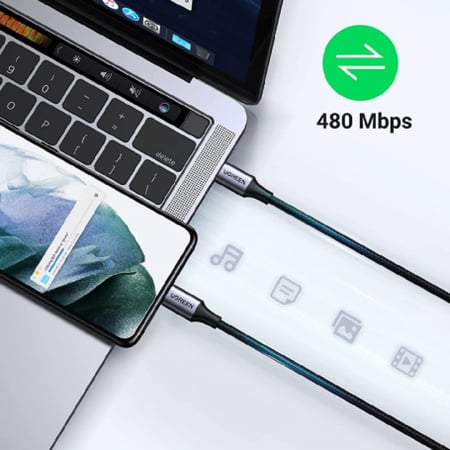 UGREEN كيبل شحن قماشي من تايب سي إلى تايب سي 60 واط بطول 2 متر - أسود = 6957303851522