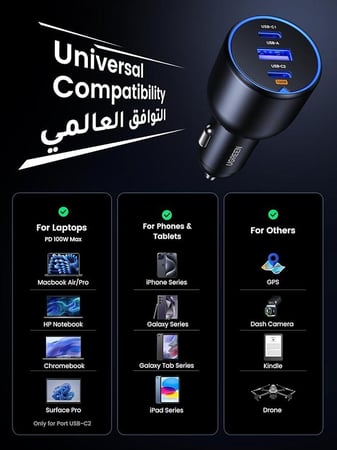 UGREEN =  شاحن سيارة ماك بوك 130 واط من يوجرين، شاحن سيارة USB 3 منافذ نوع C، شاحن سيارة سريع للغاية، متوافق مع ماك بوك اير/ برو، سامسونج S24/S23/S22، سلسلة آيفون 15/14/13، اتش بي ديل لون اسود = 6957303894130