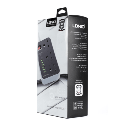 LDNIO= وصلة سلك تمديد للطاقة الكهربائية تحتوي على 3 مخارج طاقة عالمية و6 منافذ USB مع سلك تمديد عريض بطول5 متر للاستخدام كوصلة تمديد للطاقة في المنزل والمطبخ والمكتب من سكاي-تاتش، لون أسود =6998986865741