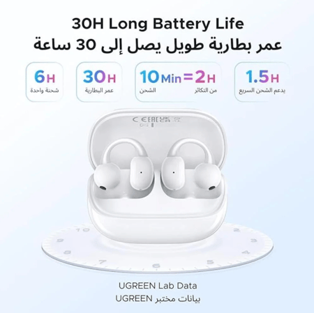 UGREEN يوجرين - سماعات أذن لاسلكية ClipBuds Magic Nc مفتوحة الأذن مع شاشة عرض - ابيض = 6941876251360