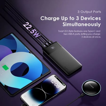 ORAIMO أورايمو شاحن متنقل توست بايت بمنفذ USB-C ومنفذين USB ومنفذ Micro بسعة 10000 مللي أمبير وبقوة 22.5 واط - أسود=4894947050954