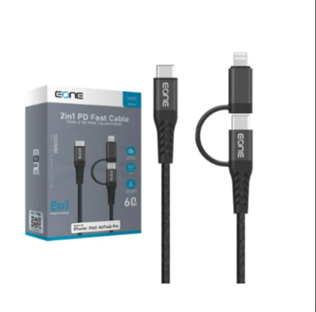 EONE - كيبل EONE تايب سي و ايفون 2في1 بطول 1.20م قماش لون تيتانيوم = 602697753797