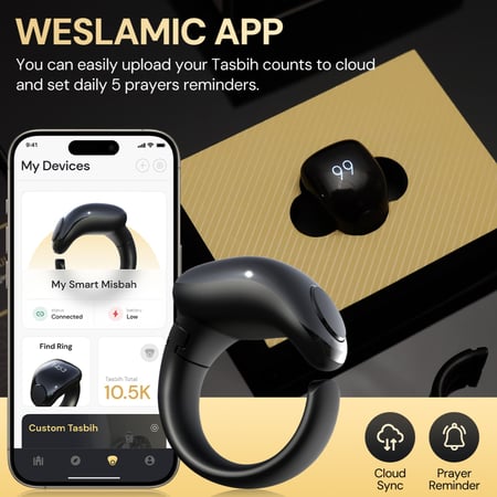 WESLAMIC – خاتم التسبيح الذكي بتذكير للصلاة ، شاشة OLED ، مقاوم للماء ، وبطارية تدوم 10 أيام أسود = 6978066040015