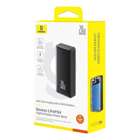 Baseus بطارية احتياطية Baseus LiFePO4 رقمية 18400 مللي أمبير 20 وات مجموعة باللون الأسود (مع كابل شحن Simple Series USB إلى Type C 3A 0.3 متر باللون الأسود) = 6932172658014