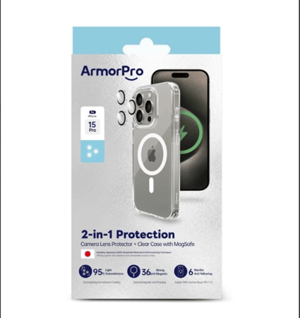 ArmorPro 2-in-1 Combo (Clear Camera Lens & Magsafe Clear Case)  for iPhone 15 Pro = 6975312010754 -بكج كفر ماق سيف وعدسات شفاف ايفون 15 برو من ArmorPro