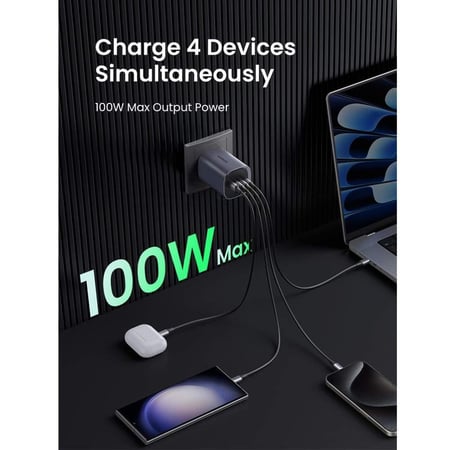 UGREEN يوجرين - شاحن جداري نيكسود S بتقنية GaN بثلاث منافذ USB-C ومنفذ USB وبقوة 100 واط رمادي = 6941876242269
