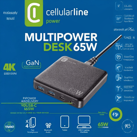 Cellularline سيلولار لاين منصة شحن بقوة 65 ذكي بتيار متردد شحن سريع داخلي اسود = 8018080460289