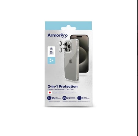 ArmorPro 2-in-1 Combo (Clear Camera Lens & Clear Case) for iPhone 15 Pro = 6975312010655 -بكج كفر وعدسات شفاف ايفون 15, برو ماكس, برو, بلس من ArmorPro