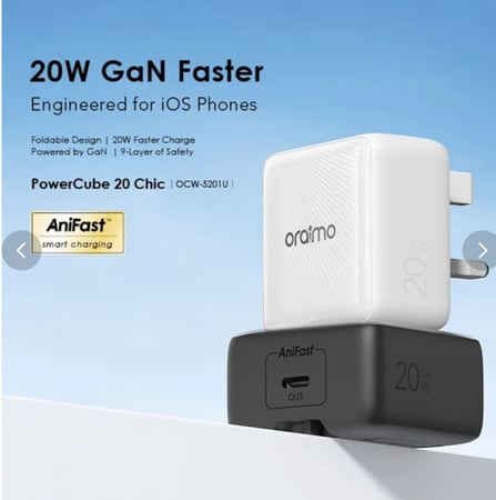 Oraimo اورايمو شاحن جداري بقوة 20 واط مع كابل من تايب سي إلى تايب سي أبيض=4894947025624