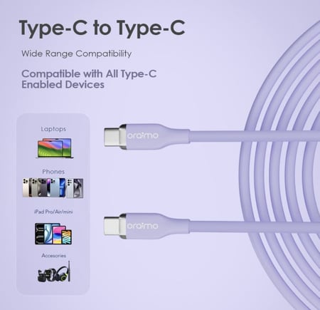 Oraimo ابل شحن سريع من أورايمو ٦٠ واط من النوع C إلى النوع C | شحن ذكي من أني فاست | سلك سيليكون سائل مقاوم للتشابك وصديق للبشرة | كابل بطول متر واحد مع حقيبة حمل (أبيض) (OCD-115CC) = 4894947024450