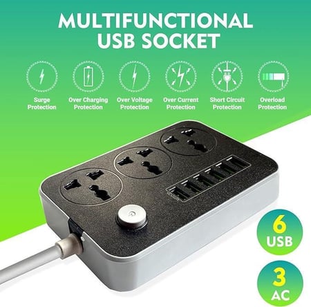 LDNIO= وصلة سلك تمديد للطاقة الكهربائية تحتوي على 3 مخارج طاقة عالمية و6 منافذ USB مع سلك تمديد عريض بطول5 متر للاستخدام كوصلة تمديد للطاقة في المنزل والمطبخ والمكتب من سكاي-تاتش، لون أسود =6998986865741