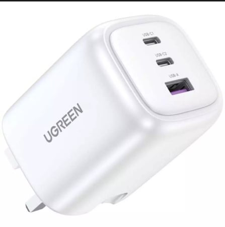 UGREEN شاحن جداري يوجرين نكسود بمنفذين PD وبمنفذ USB بتقنية GaN وبقوة 65 واط - ابيض = 6941876222674