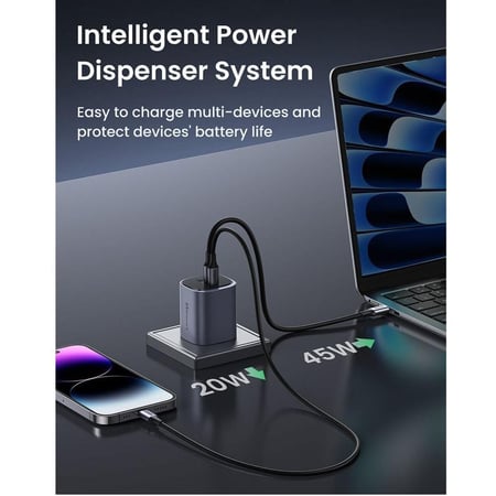 UGREEN يوجرين - شاحن جداري نيكسود S بتقنية GaN بمنفذين USB-C ومنفذ USB وبقوة 65 واط رمادي = 6941876242252