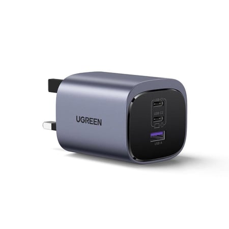 UGREEN يوجرين - شاحن جداري نيكسود S بتقنية GaN بمنفذين USB-C ومنفذ USB وبقوة 65 واط رمادي = 6941876242252