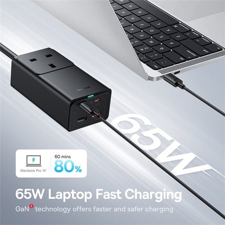 Baseus بيسوس توصبله بقدرة 65 واط -مفذين USB ومنفذين تايب سي - ومقبس فيش اسود = 6932172641672