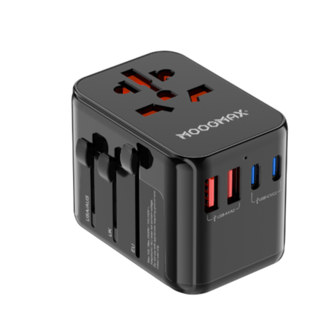MOOGMAX شاحن سفر دولي مع ثلاثه منافذ Type C بخاصية الشحن السريع PD و منفذين USB بقوة 80 واط أسود = 6973752296646