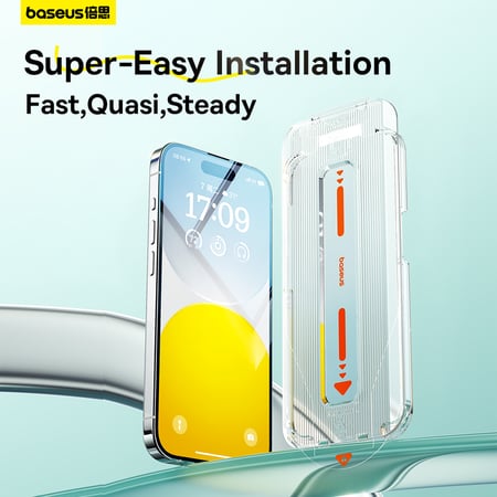 Baseus واقي شاشة زجاجي مقوى لحماية الخصوصية بتغطية كاملة من سلسلة Sapphire (مع فلتر غبار مدمج) لهاتف iPhone 16 Pro (عبوة من قطعة واحدة، مع مجموعة تنظيف وأداة تثبيت مقاومة للغبار) شفاف = 6932172677145