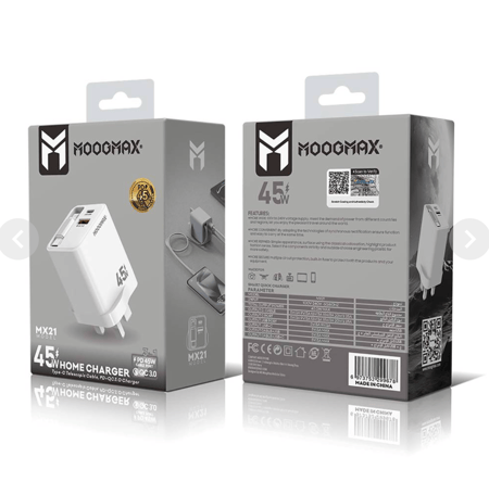 MOOGMAX فيش جداري - موج ماكس بقوة 45 واط مدمج بكيبل تايب سي أبيض = 6973752299685