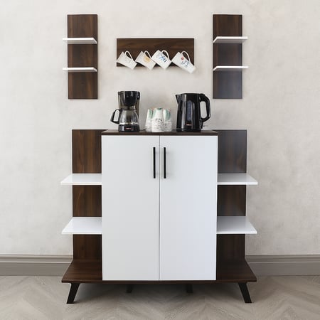 ركن قهوة خشبي للمنزل 3 ادراج وارفف خشب ماليزي لون بني وأبيض