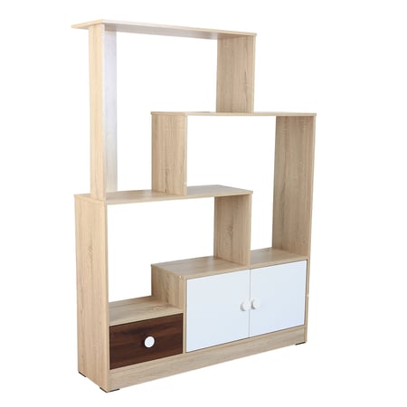 وحدة أرفف مربعات خشب ماليزي مع ادراج تخزين سفلية لون بيج وابيض