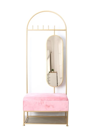 ستاند تنظيم ملابس ذهبي مع مرايا ومقعد قماش مودرن