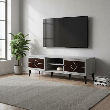 طاولة تلفزيون أنيقة 180 سم خشب ماليزي 2 ادراج وارفف - رمادي وبني