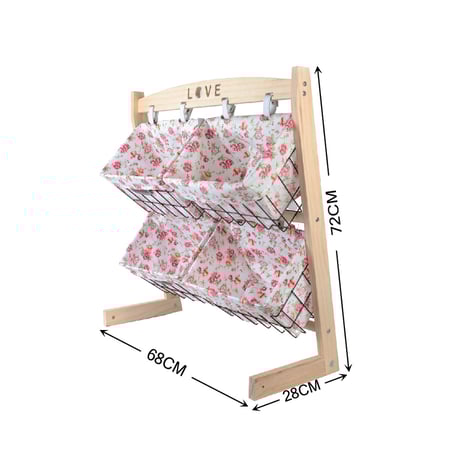 منظم تخزين قماشي مع 4 سلات وحامل خشبي