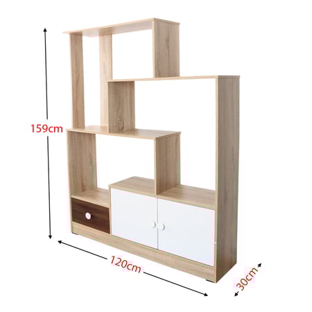 وحدة أرفف مربعات خشب ماليزي مع ادراج تخزين سفلية لون بيج وابيض