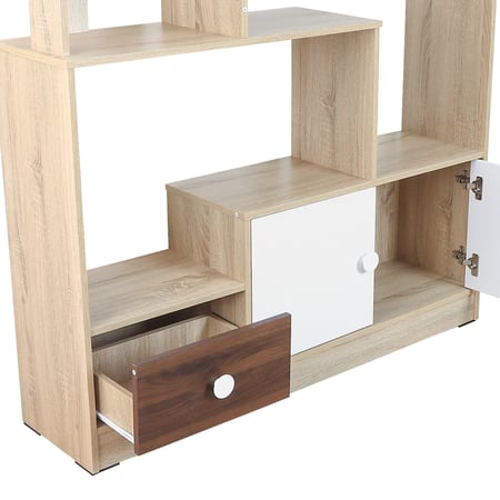 وحدة أرفف مربعات خشب ماليزي مع ادراج تخزين سفلية لون بيج وابيض