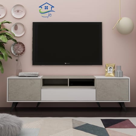 طاولة تلفزيون من الخشب الماليزي باللون الأبيض والرمادي