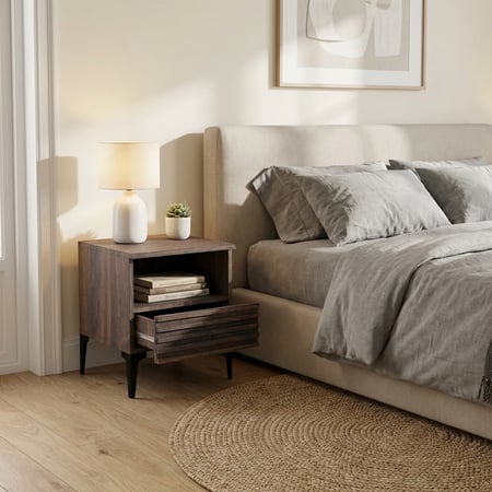 طاولة سرير جانبية من الخشب الماليزي , درج تخزين - بني غامق