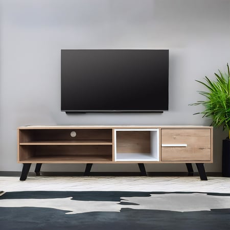 طاولة تلفزيون خشب ماليزي 160 سم مع درج و2 ارفف لون خشبي وأبيض