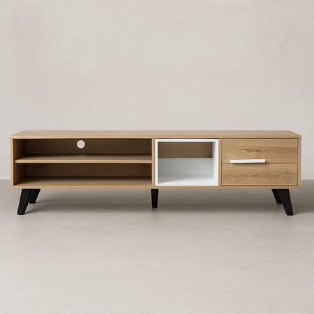 طاولة تلفزيون خشب ماليزي 160 سم مع درج و2 ارفف لون خشبي وأبيض