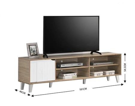 طاولة تلفزيون من الخشب الماليزي باللونين الخشبي والأبيض