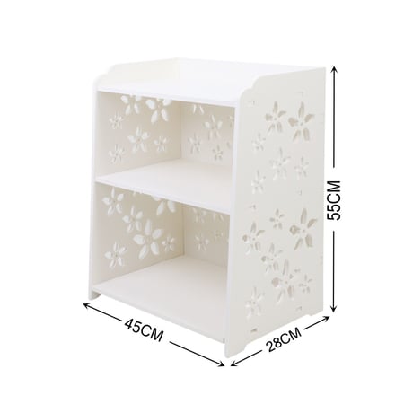 وحدة تخزين مفتوح من الخشب بتصميم ورود دورين مع رف علوي باللون الأبيض