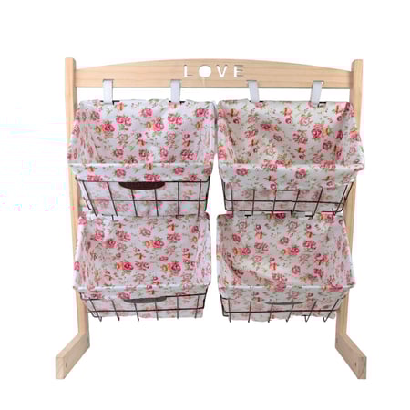 منظم تخزين قماشي مع 4 سلات وحامل خشبي