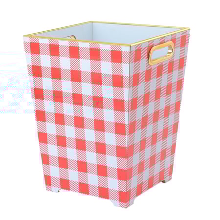 سلة مهملات مع علبة مناديل كاروهات لون أحمر وأبيض